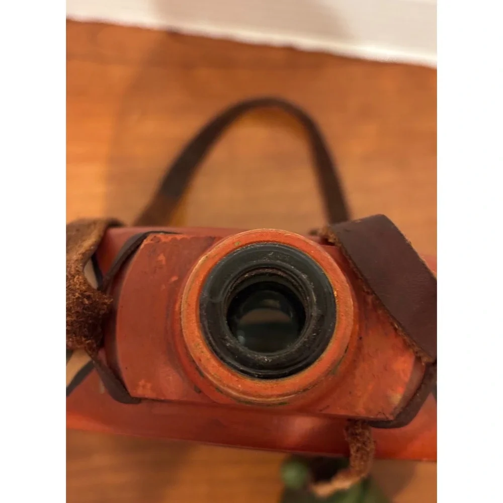Vintage Hand Painted Wooden Canteen Glass Window Folk Art Berry Leather Strap